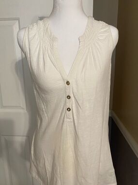 Lilly Pulitzer White V-Neck Henley Tank with Smocked Shoulders